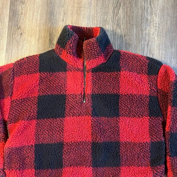 Thread & Supply Red and Black Plaid Fleece 1/4 Zip Pullover Size Large - Picture 2 of 6